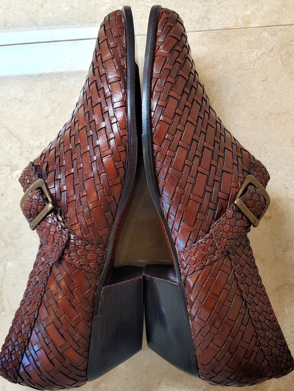 Nicole by Nicole Miller Victoria 7.5M Woven Leather Buckle Mules in Dark Brown - Picture 4 of 13